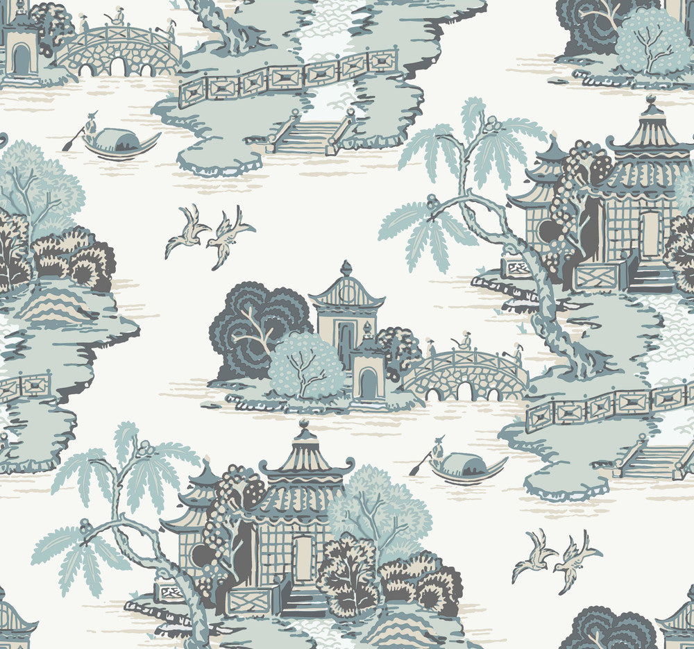 Pagoda And Sampan Scenic Seamist Wallpaper by York Wallcoverings Toile Resource Library Covers about 60.8 square feet 27-in by 27-ft long roll Unpasted 25.25 - Fabric Carolina -