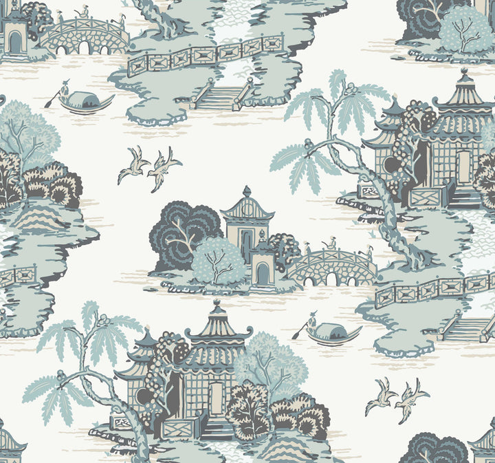 Pagoda And Sampan Scenic Seamist Wallpaper by York Wallcoverings Toile Resource Library Covers about 60.8 square feet 27-in by 27-ft long roll Unpasted 25.25 - Fabric Carolina -
