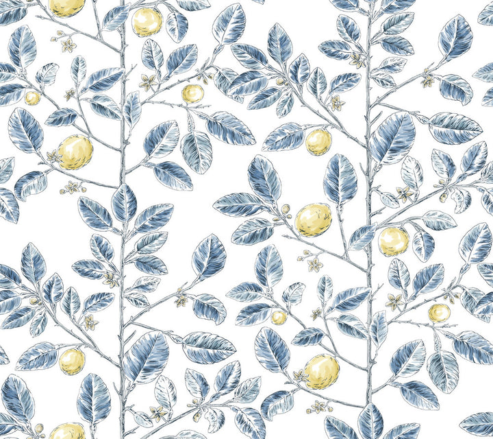 Limoncello Toile Blue Wallpaper by York Wallcoverings Toile Resource Library Covers about 60.8 square feet 27-in by 27-ft long roll Unpasted 24 - Fabric Carolina -