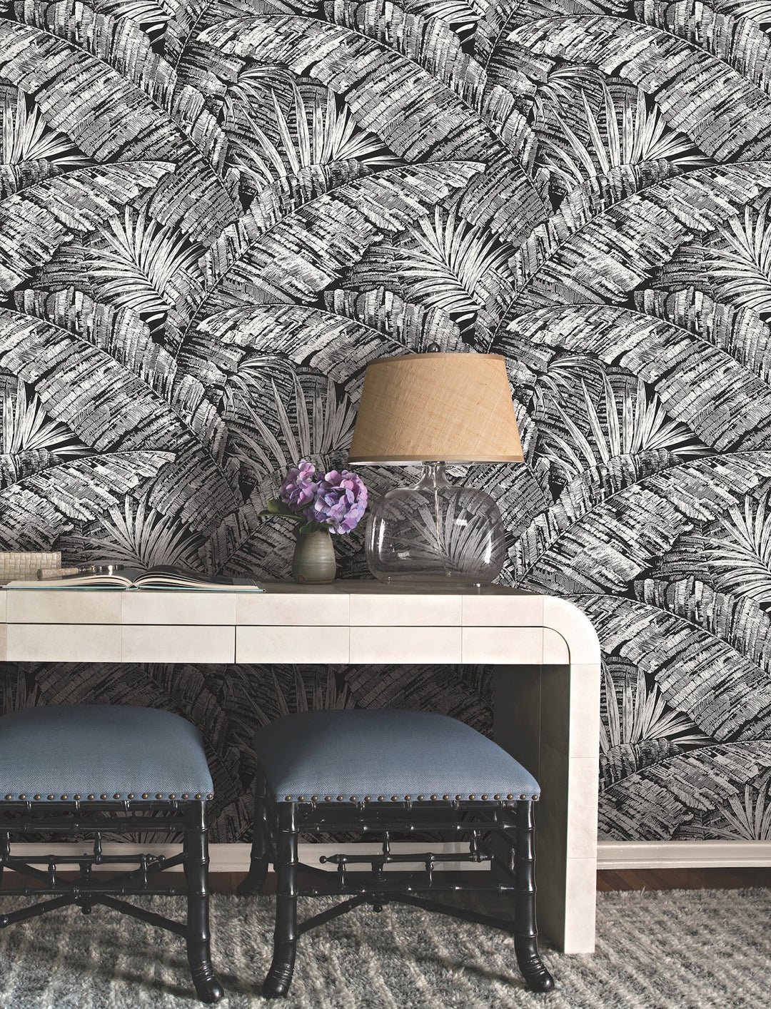Palm Cove Toile White & Black Wallpaper by York Wallcoverings Designer