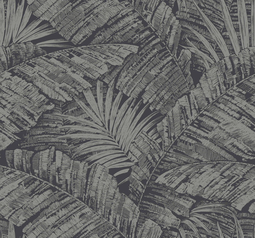 Palm Cove Toile Silver & Black Wallpaper by York Wallcoverings Toile Resource Library Covers about 60.8 square feet 27-in by 27-ft long roll Unpasted 25.25 - Fabric Carolina -