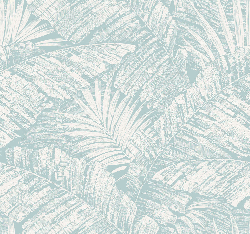 Palm Cove Toile White & Blue Wallpaper by York Wallcoverings Toile Resource Library Covers about 60.8 square feet 27-in by 27-ft long roll Unpasted 25.25 - Fabric Carolina -