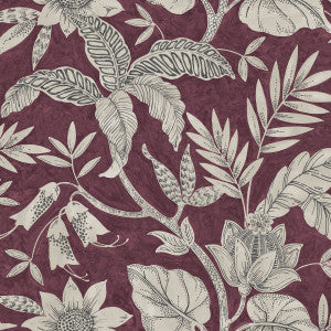 Rainforest Leaves Cranberry and Stone by Seabrook Wallpaper
