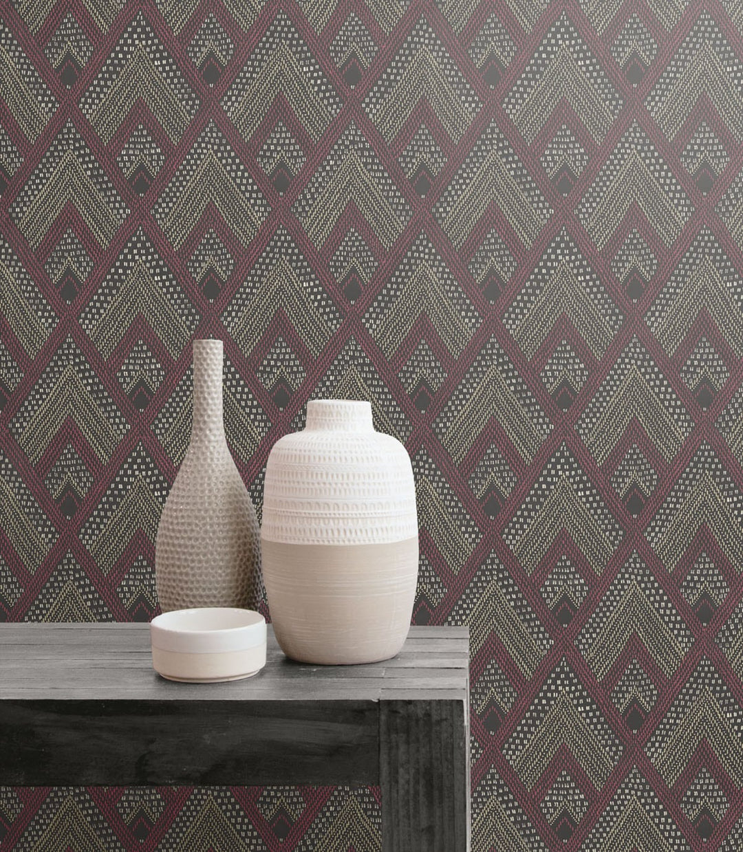 Panama Boho Diamonds Cranberry and Brushed Ebony RY30507 by Seabrook Designs Designer Wallpaper