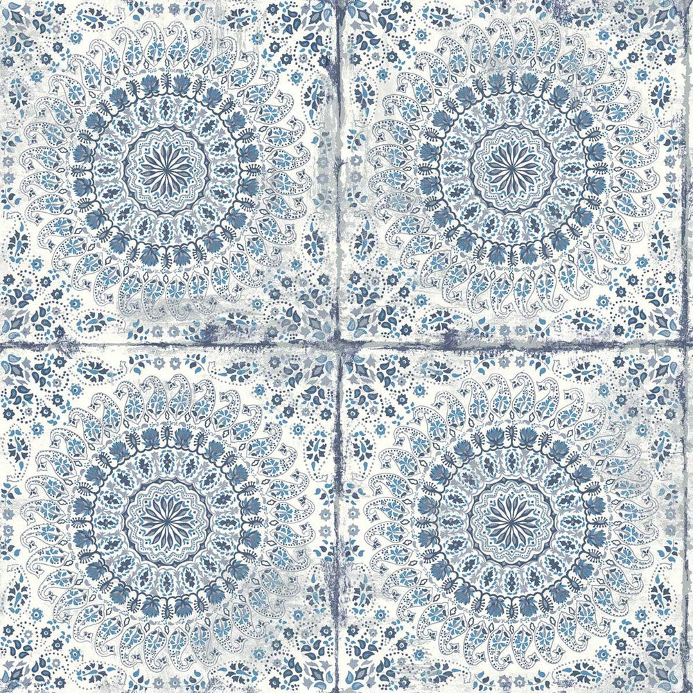 Mandala Boho Tile Cerulean and Washed Denim by Seabrook Wallpaper Boho Rhapsody United States 56.05 20.87" 20.5" - Fabric Carolina -