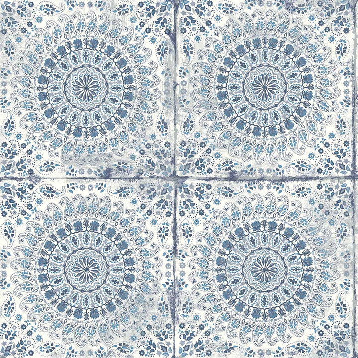 Mandala Boho Tile Cerulean and Washed Denim by Seabrook Wallpaper Boho Rhapsody United States 56.05 20.87" 20.5" - Fabric Carolina -