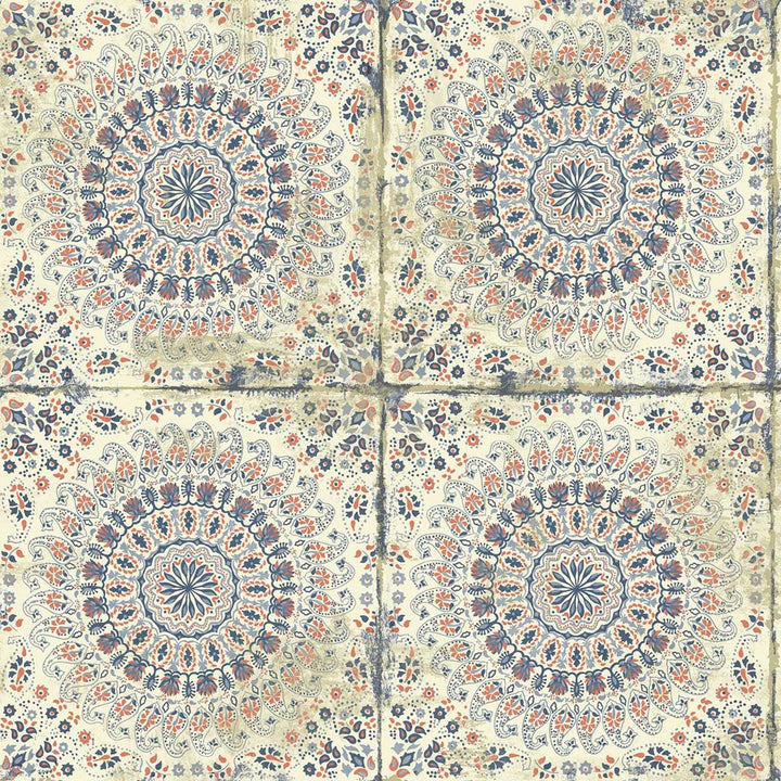 Mandala Boho Tile Coral, Cream, and Midnight Blue by Seabrook Wallpaper Boho Rhapsody United States 56.05 20.87" 20.5" - Fabric Carolina -