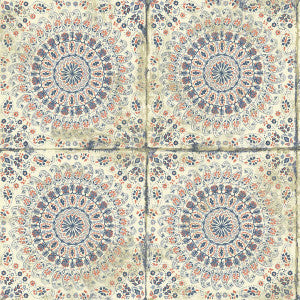 Mandala Boho Tile Coral, Cream, and Midnight Blue by Seabrook Wallpaper