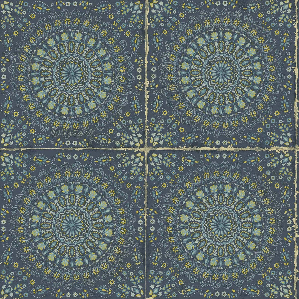 Mandala Boho Tile Navy Blue and Dandelion by Seabrook Wallpaper Boho Rhapsody United States 56.05 20.87" 20.5" - Fabric Carolina -