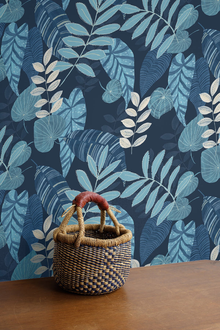 Tropicana Leaves Sky Blue and Champlain RY30902 by Seabrook Designs Designer Wallpaper