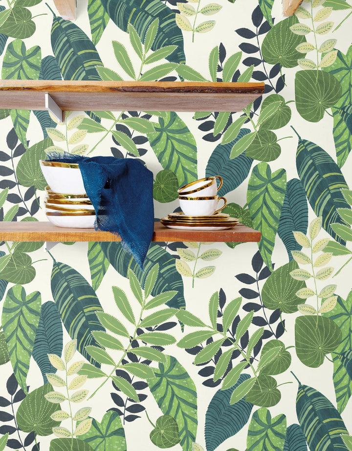 Tropicana Leaves Viridian and Dill RY30904 by Seabrook Designs Designer Wallpaper