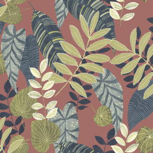 Tropicana Leaves Redwood, Olive, and Washed Denim by Seabrook Wallpaper