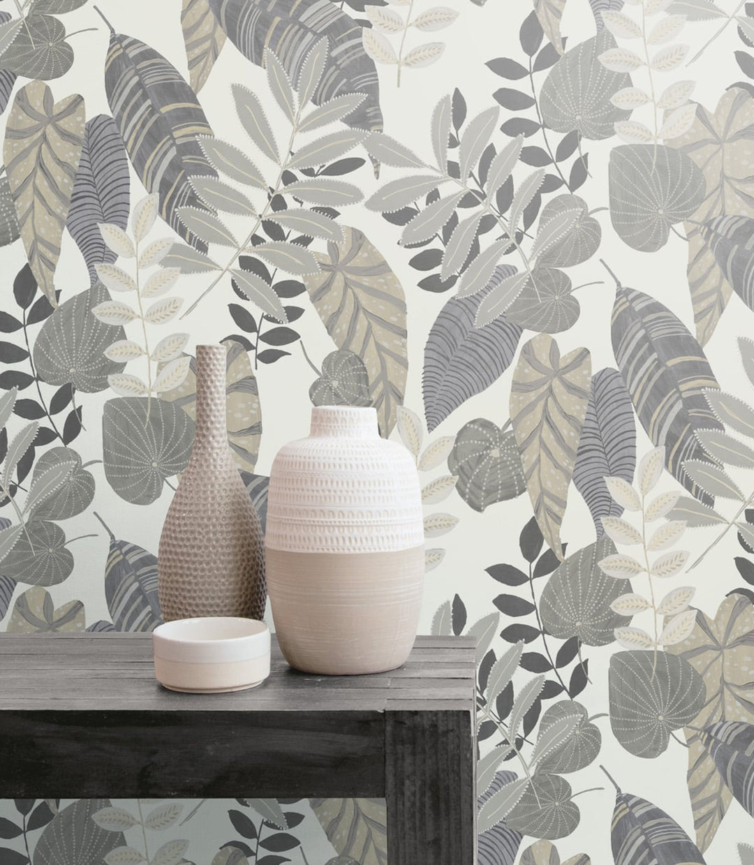 Tropicana Leaves Charcoal, Stone, and Daydream Gray RY30908 by Seabrook Designs Designer Wallpaper