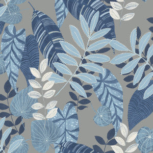 Tropicana Leaves Metallic Gray, Sky Blue, and Champlain by Seabrook Wallpaper