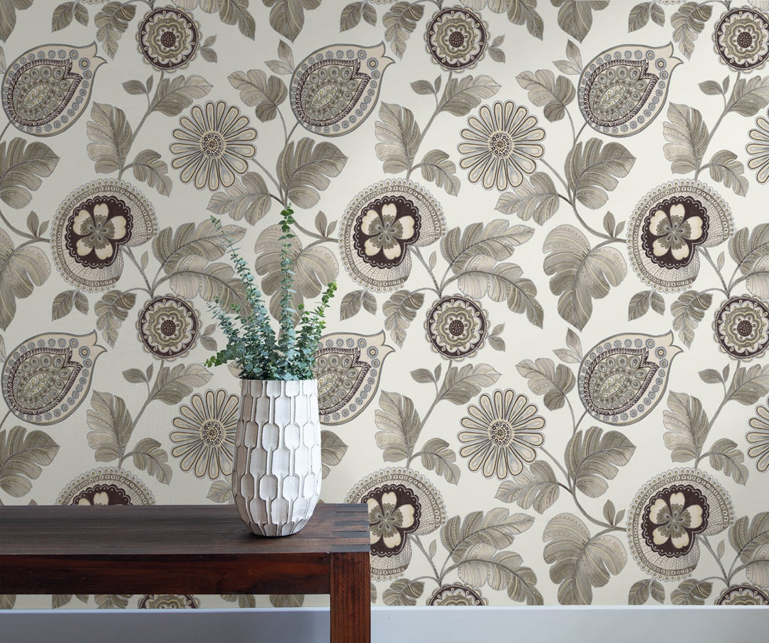 Calypso Paisley Leaf Stone and Latte RY31200 by Seabrook Designs Designer Wallpaper