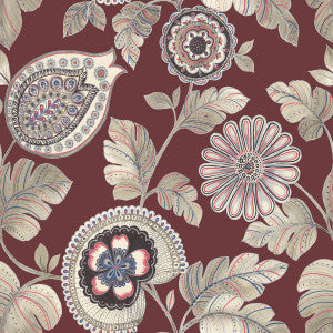 Calypso Paisley Leaf Cabernet and Coral by Seabrook Wallpaper