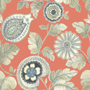 Calypso Paisley Leaf Coral and Aloe by Seabrook Wallpaper