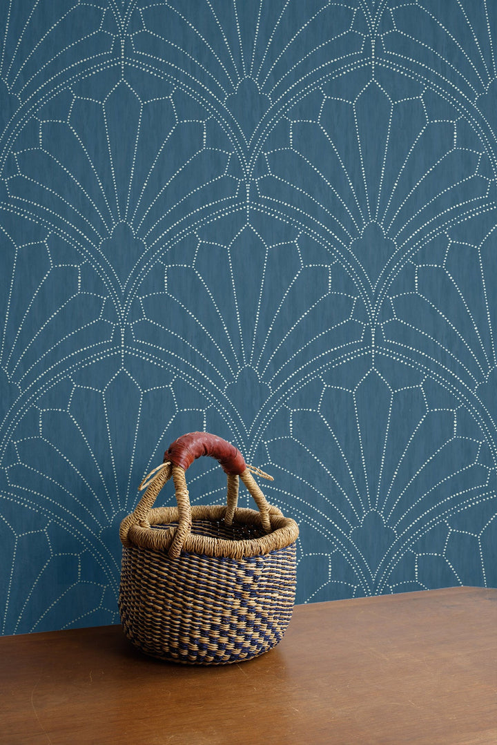 Scallop Medallion Steel Blue and Ivory RY31502 by Seabrook Designs Designer Wallpaper