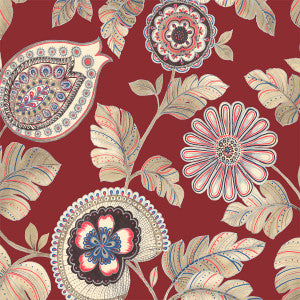 Calypso Paisley Leaf Fabric Cabernet and Coral by Seabrook Wallpaper