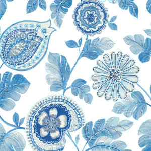 Calypso Paisley Leaf Fabric Blue Oasis and Ivory by Seabrook Wallpaper