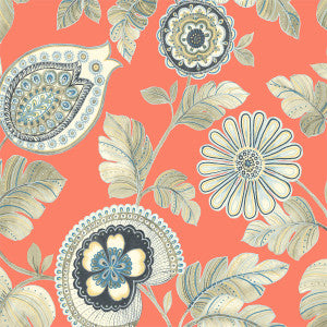 Calypso Paisley Leaf Fabric Coral and Aloe by Seabrook Wallpaper