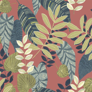 Tropicana Leaves Fabric Redwood, Olive, and Washed Denim by Seabrook Wallpaper