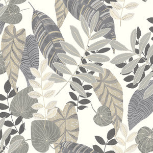 Tropicana Leaves Fabric Charcoal, Stone, and Daydream Gray by Seabrook Wallpaper