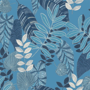 Tropicana Leaves Fabric Sky Blue and Champlain by Seabrook Wallpaper