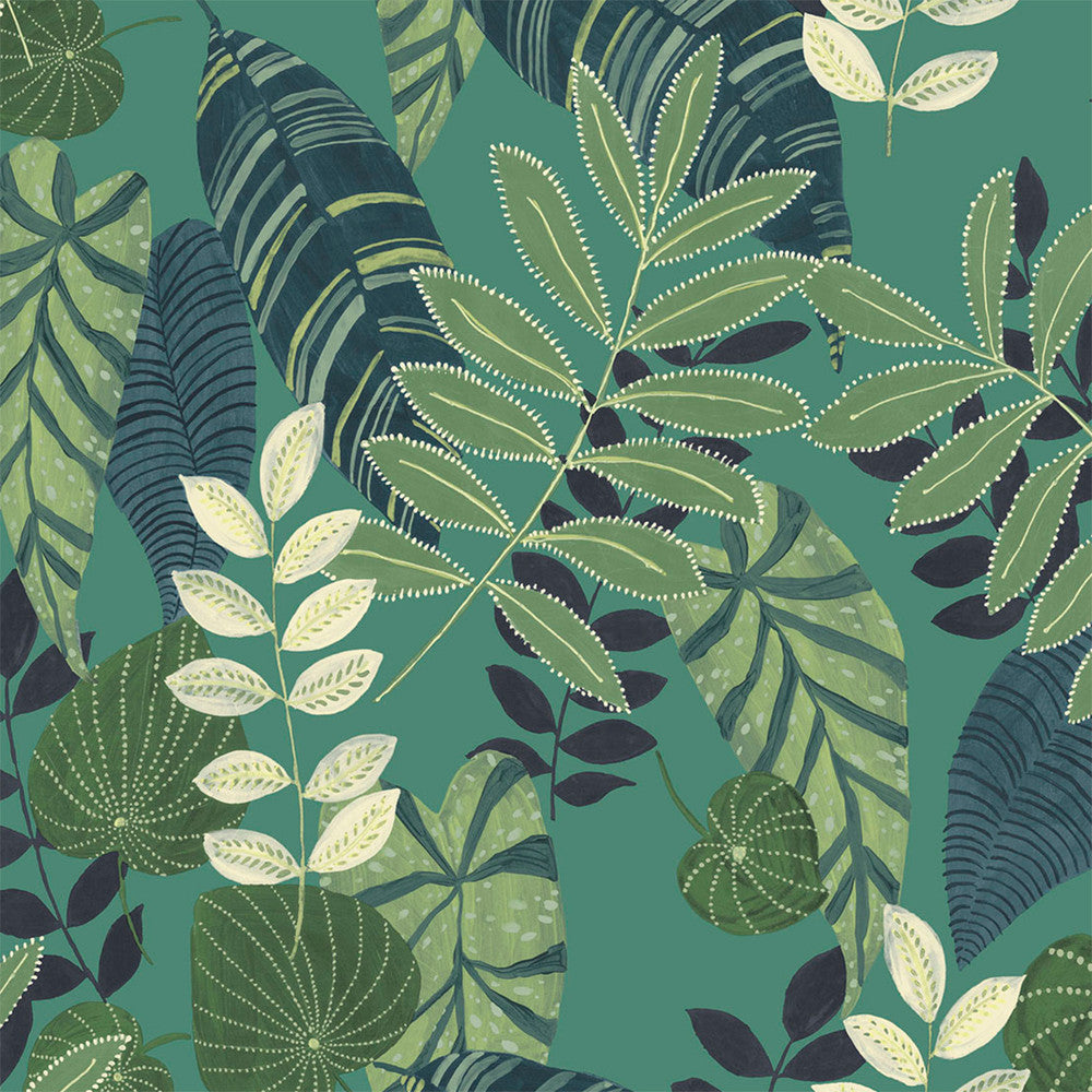 Tropicana Leaves Fabric Jade, Rosemary, and Spruce by Seabrook Wallpaper Boho Rhapsody United States 13.5 27" 3" - Fabric Carolina -