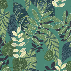 Tropicana Leaves Fabric Jade, Rosemary, and Spruce by Seabrook Wallpaper