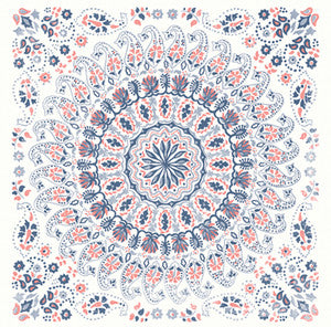Mandala Boho Tile Fabric Coral, Cream, and Midnight Blue by Seabrook Wallpaper