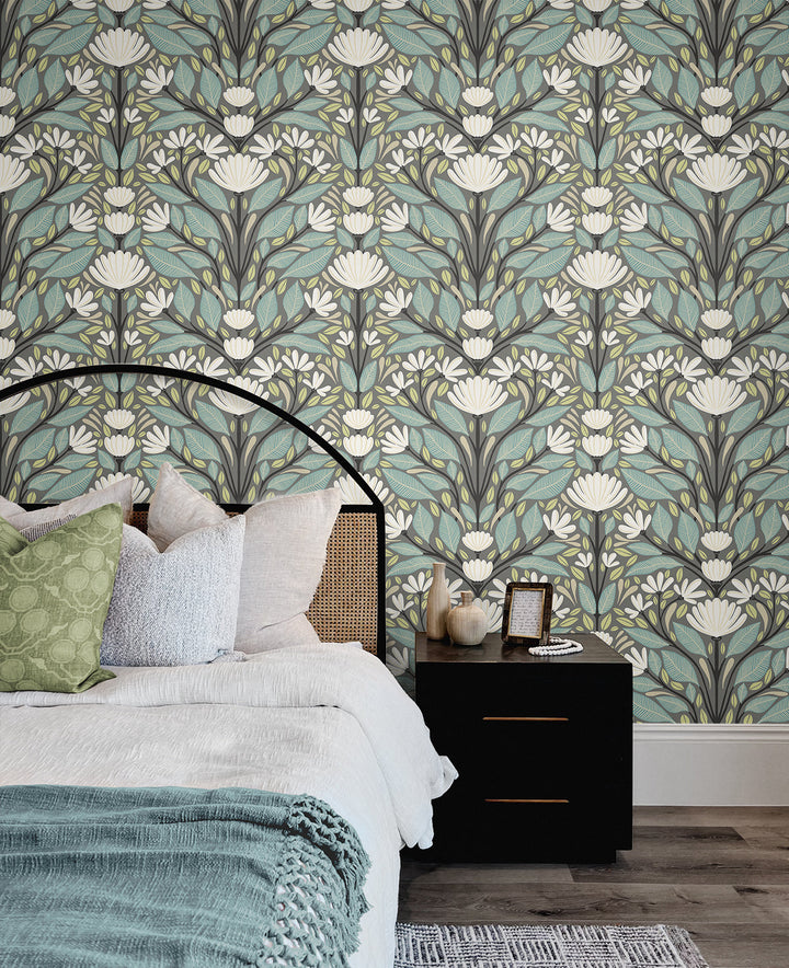 Carmela Folk Floral Spirit Grey SC20608 by Seabrook Designs Designer Wallpaper