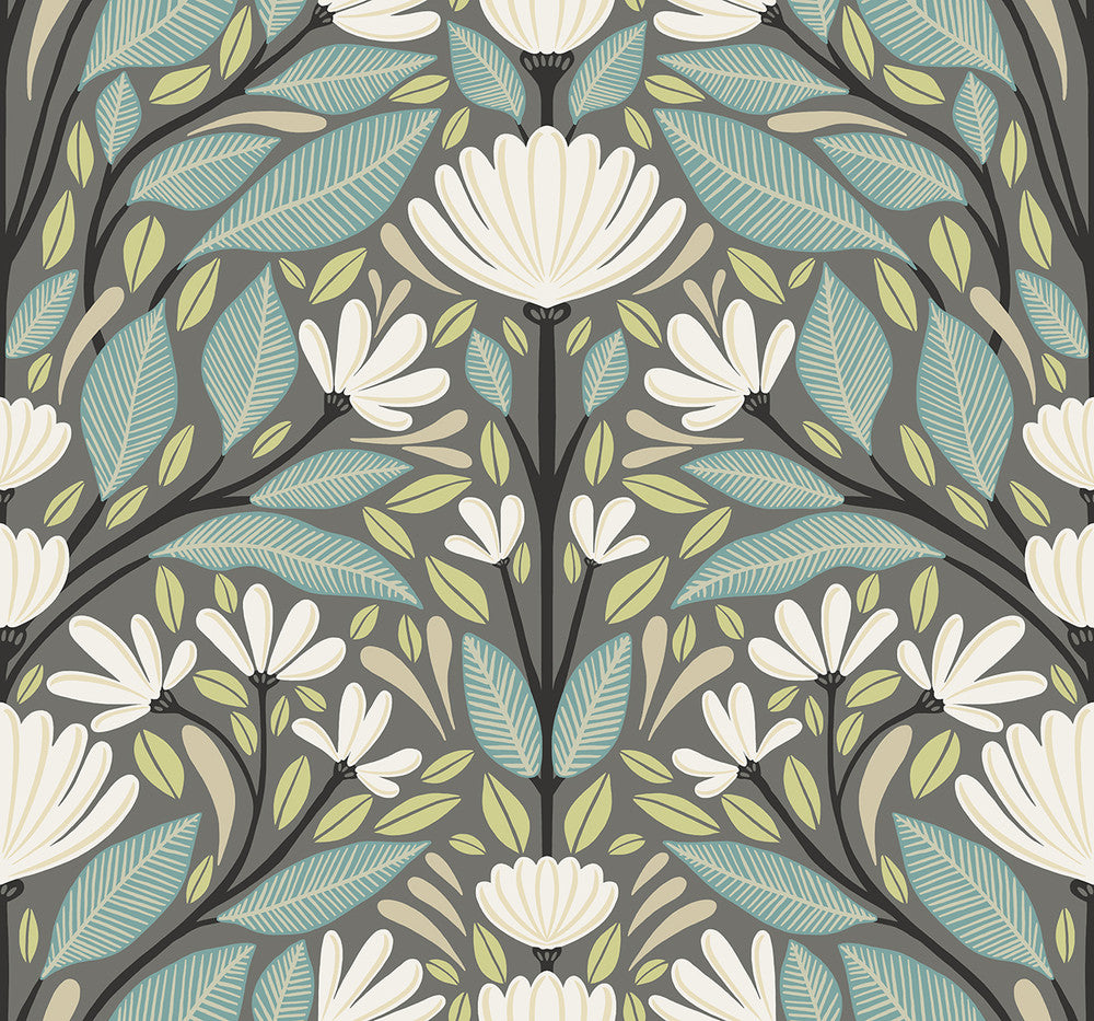 Carmela Folk Floral Spirit Grey by Seabrook Wallpaper Summer House United States 60.75 25.2" 27" - Fabric Carolina -