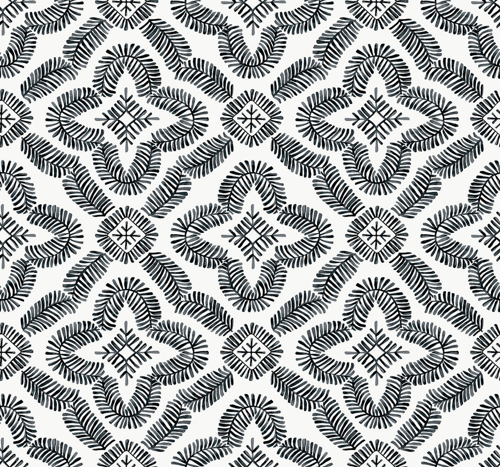 Talia Botanical Medallion Black and White by Seabrook Wallpaper Summer House United States 60.75 12.6" 27" - Fabric Carolina -