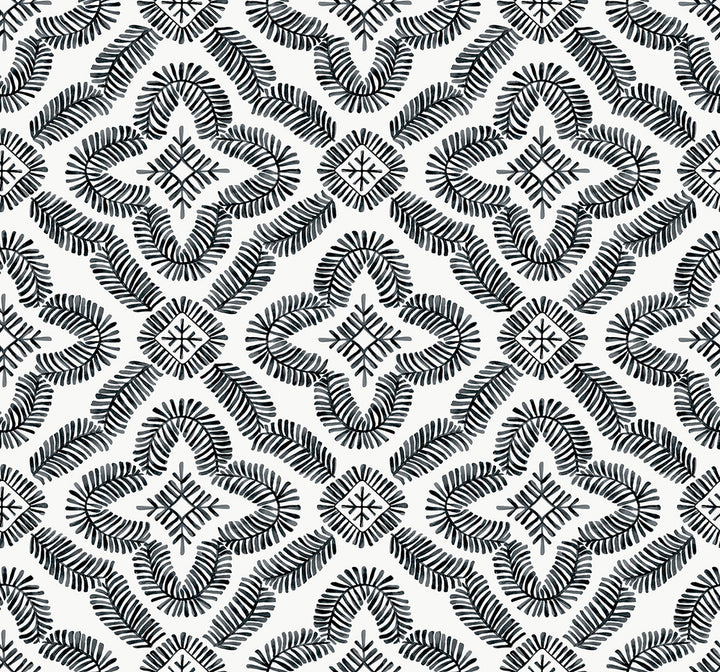 Talia Botanical Medallion Black and White by Seabrook Wallpaper Summer House United States 60.75 12.6" 27" - Fabric Carolina -