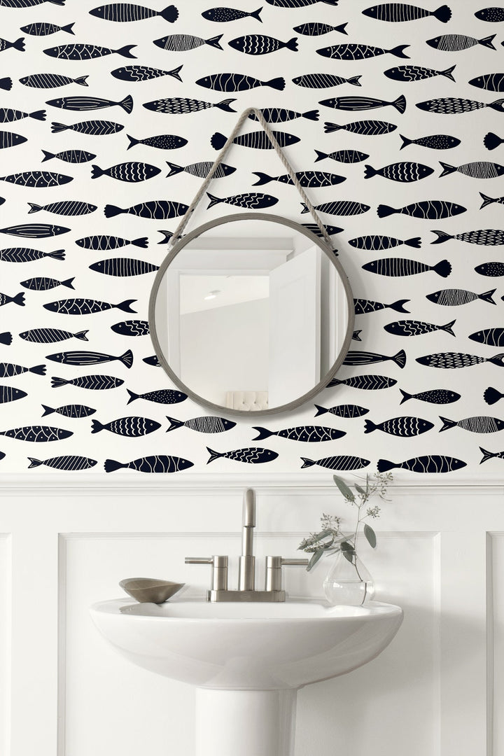 Bay Fish Black and White SC21500 by Seabrook Designs Designer Wallpaper