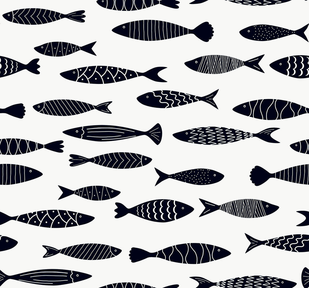 Bay Fish Black and White by Seabrook Wallpaper Summer House United States 60.75 25.2" 27" - Fabric Carolina -