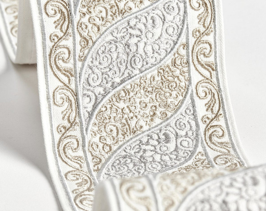Paisley Embroidered Tape Silver Sand SCT33400001 by Scalamandre Designer Trim