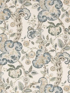 Scalamandre Fabric Cumbria Hand Block Print Aquamarine On Ivory