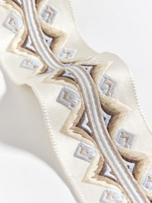 Flamme Embroidered Tape Platinum SCT33350001 by Scalamandre Trim THE METROPOLITAN MUSEUM OF ART 56% VISCOSE 30% SILK 14% COTTON INDIA LIGHT DUTY Horizontal: 1.75" and Vertical: 0" 3 - Fabric Carolina -
