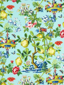 Scalamandre Fabric Shantung Garden Cotton Print Aquamarine