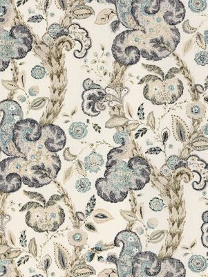 Cumbria Hand Block Print Smoke On Ivory SC166030002 by Scalamandre Designer Fabric LA BOHEME 100% LINEN THAILAND LIGHT DUTY Horizontal: 36" and Vertical: 16.625" 49.5 - Swanky Fabrics -