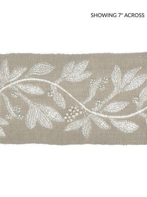 Laurel Embroidered Tape Flax SCT32920002 by Scalamandre Designer Trim MODERN LUXURY 50% VISCOSE 35% GLASS 15% METALLIC INDIA LIGHT DUTY Horizontal: 7.5" and Vertical: 3.75 - Swanky Fabrics -