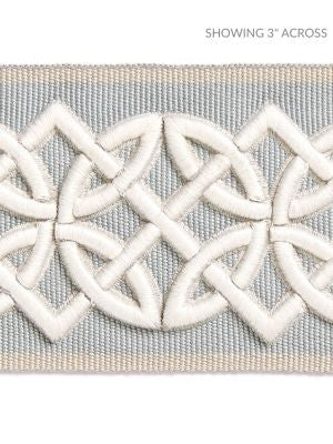 Celtic Embroidered Tape Mineral SCT32820003 by Scalamandre Designer Trim HAMPTONS TRIMMINGS 40% POLYESTER 32% VISCOSE 28% ACRYLIC CHINA LIGHT DUTY Horizontal: 1.875" and Vertical: 2.75 - Swanky Fabrics -