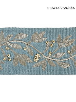 Laurel Embroidered Tape Bluestone SCT32920003 by Scalamandre Designer Trim MODERN LUXURY 50% VISCOSE 35% GLASS 15% METALLIC INDIA LIGHT DUTY Horizontal: 7.5" and Vertical: 3.75 - Swanky Fabrics -