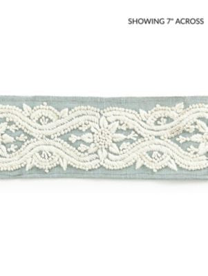 Linnea Embroidered Tape Skylight SCT32980003 by Scalamandre Designer Trim NORDEN 65% SPUN POLYESTER 35% LINEN INDIA LIGHT DUTY Horizontal: 4.5" and Vertical: 2.75 - Swanky Fabrics -