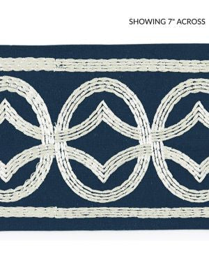 Athena Embroidered Tape Navy SCT33050003 by Scalamandre Designer Trim LA BOHEME 54% COTTON 39% VISCOSE 7% SPUN POLYESTER INDIA LIGHT DUTY Horizontal: 3.125" and Vertical: 5.13 - Swanky Fabrics -