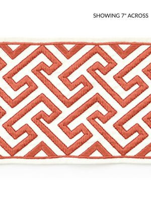 <p>Labyrinth Embroidered Tape Coral SCT33190003 by Scalamandre Trim</p><p><strong>Required Minimum Quantity Purchase: Fabrics by the yard 1 YARD MINIMUM </p><p>Book: CHINOIS CHIC</p><p>Content: 55% COTTON 45% SPUN POLYESTER</p><p>Origin: INDIA</p><p>Performance: LIGHT DUTY</p><p>Repeat: Horizontal: 2.75" and Vertical: </p><p>Width: 5.75</p>