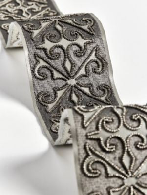 Saxony Embellished Tape Sterling SCT33370003 by Scalamandre Trim THE METROPOLITAN MUSEUM OF ART 50% POLYURETHANE 40% BEADS 10% VISCOSE INDIA LIGHT DUTY Horizontal: 3.15" and Vertical: 0" 3 - Fabric Carolina -
