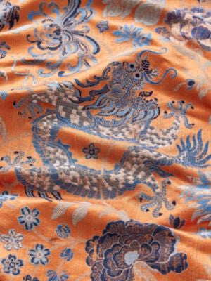 Dragon Tableau Persimmon Blue SC273270004 by Scalamandre Fabric THE METROPOLITAN MUSEUM OF ART 78% VISCOSE 22% COTTON ITALY MEDIUM DUTY Horizontal: 27.25" and Vertical: 26.25" 52.5 - Fabric Carolina -